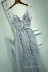 A-line Tulle Grey Long Evening Prom Dress