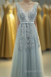 A-line Tulle Grey Long Evening Prom Dress