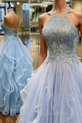 Elegant A-Line Halter Appliques Light Blue Evening Prom Dress