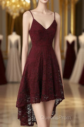 Spaghetti Strap High-Low Burgundy Lace Bridesmaid Dress