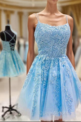 Straps Lace Applique Blue Homecoming Dress
