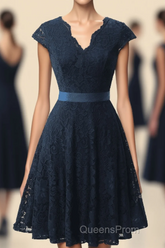 A-Line Cap Sleeve Navy Blue Bridesmaid Dress with Belt