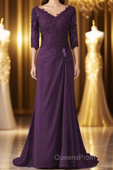 V-Neck Half Sleeve Plum Mother of Bridal Dress
