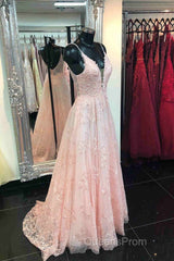 Deeep V-neck Embroidery Pink Long Evening Prom Dress