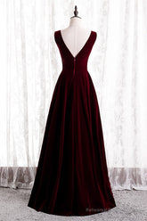 Burgundy V-Neck Velvet Formal Dress