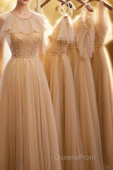 A-Line Beaded Champagne Tulle Bridesmaid Dress