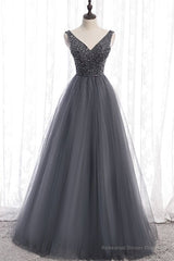 Classic A-line Grey Tulle Long Formal Dress