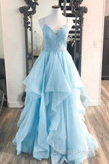 Elegant Light Blue Ruffled Tulle Evening Prom Dress