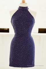 Tight Purple Short Party Dress with Gold Sequins