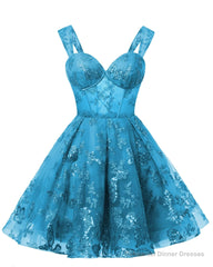 Teens Sparkly Tulle Turquoise Homecoming Dresses Spaghetti Straps Short Cocktail Party Prom Dress