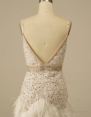 Gorgeous White Spaghetti Straps Beaded Homecoming Dress With Feather