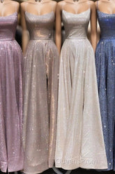 A-Line Sparkle Split Backless Evening Dress Long Evening Prom Dress With Pocket