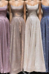 A-Line Sparkle Split Backless Evening Dress Long Evening Prom Dress With Pocket