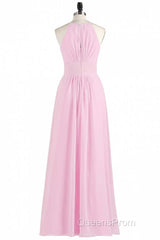 Pink Chiffon Halter Sleeveless A-Line Long Bridesmaid Dress
