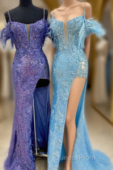 Sequin Feather Cold-Shoulder Mermaid Long Evening Prom Dress with Slit