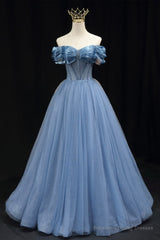 Blue Tulle Beaded Long Prom Dress, Elegant A-Line Blue Evening Dress