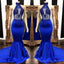 2025 High Neck Beaded Mermaid Royal Blue Prom Dresses