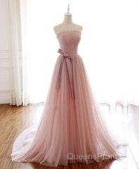 Simple Pink Tulle Long Evening Prom Dress, Pink Tulle Formal Dress, 1