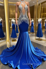 Royal Blue Halter Sleeveless Mermaid Evening Prom Dress With Beadings Velvet