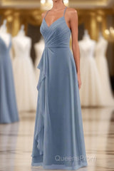 Dusty Blue Chiffon Halter Backless Ruffled Long Bridesmaid Dress