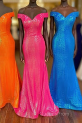 Off the Shoulder Orange Mermaid Long Evening Prom Dress