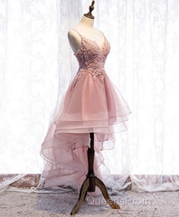 Pink Tulle Lace High Low Evening Prom Dress, Pink Homecoming Dress, 1