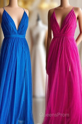 A-line V-Neck Pleated Tulle Long Bridesmaid Dress with Slit