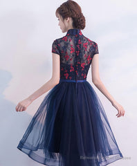 Blue Tulle Lace High Low Prom Dress, Blue Homecoming Dress