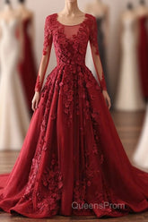 Burgundy Lace Satin Long Evening Prom Dress, Burgundy Lace Evening Dress