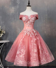 Pink Tulle Lace Off Shoulder Short Evening Prom Dress, Pink Homecoming Dress