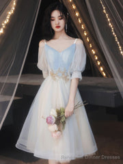 Blue A Line Tulle Lace Short Prom Dress Blue Homecoming Dress