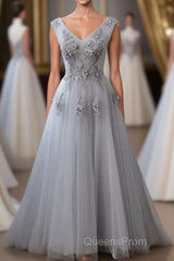 Grey V-Neckline Tulle With Lace Long Formal Dress, Grey A-Line Evening Prom Dress