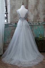 Grey V-Neckline Tulle With Lace Long Formal Dress, Grey A-Line Evening Prom Dress