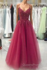 Wine Red Tulle Straps Lace Applique Long Formal Dress, Wine Red Evening Prom Dress