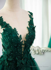 Dark Green V-neckline Lace Long Beaded Prom Dress, Dark Green Party Dress