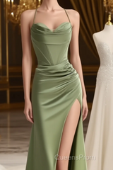 straps mermaid long formal Dress Evening Prom Dress with side slit and cowl neck