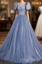 Ball Gown Dusty Blue Evening Prom Dress with Bubble Sleeves
