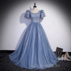 Ball Gown Dusty Blue Evening Prom Dress with Bubble Sleeves