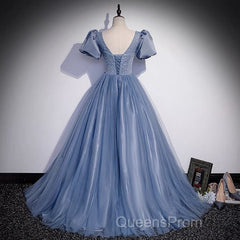 Ball Gown Dusty Blue Evening Prom Dress with Bubble Sleeves