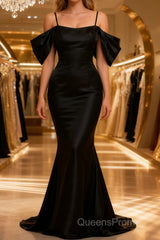 Black Off The Shoulder Criss-Cross Back Long Satin Evening Prom Dress