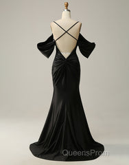 Black Off The Shoulder Criss-Cross Back Long Satin Evening Prom Dress