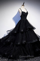 Black Tulle Open Back V Neck Beaded Layered Long Evening Prom Dress