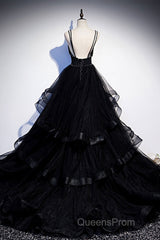 Black Tulle Open Back V Neck Beaded Layered Long Evening Prom Dress