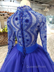 Blue Long Sleeves V Neck Tulle Evening Prom Dress with Beading