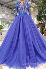 Blue Long Sleeves V Neck Tulle Evening Prom Dress with Beading