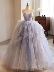 Blue Tulle Long Evening Prom Gown, Blue Tulle Long Sweet 16 Dress