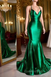 Satin Trumpet V-Neck Spaghetti Straps Evening Prom Evening Dress For Black Girls