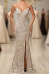 Silver Sequins Long Evening Prom Dress with Slit