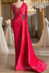 Gorgeous Red Long Sleeve Mermaid Evening Dress Lace Appliques Evening Prom Gown Ruffles