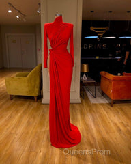 Glamorous High Neck Long Sleeve Red Evening Prom Dress Long With Split